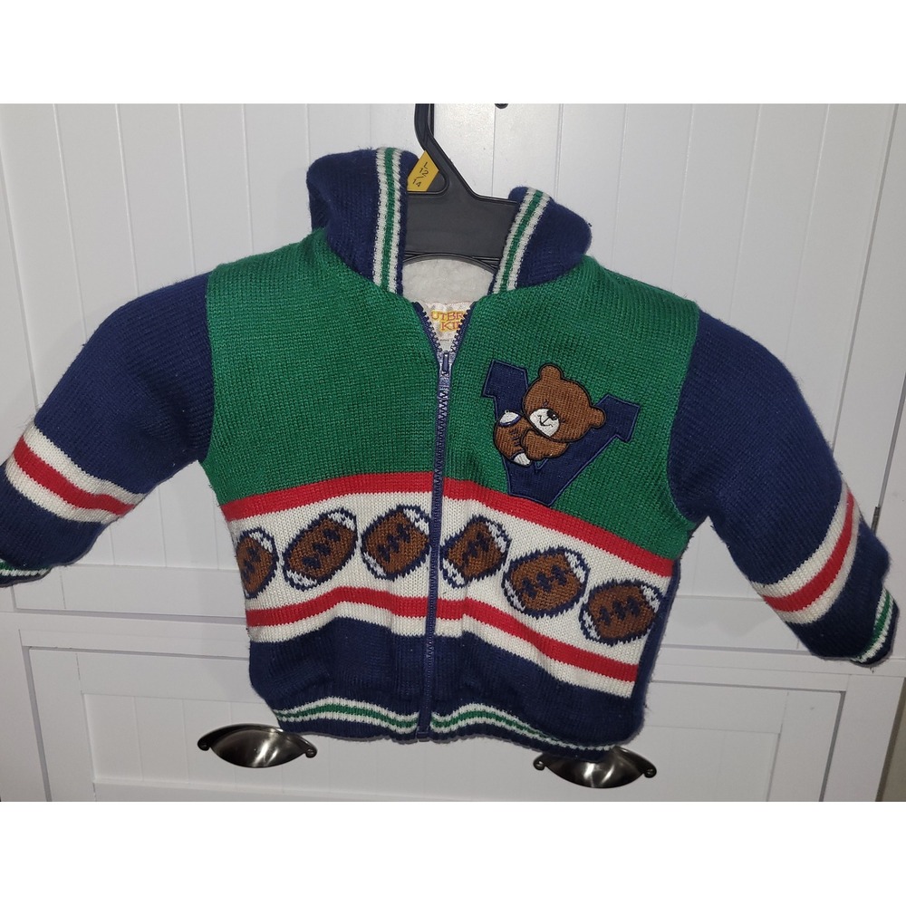 Outbrook Kids Boys‎ 18M Fleece Lined Zip Up Jacket Football Teddy Bear vintage